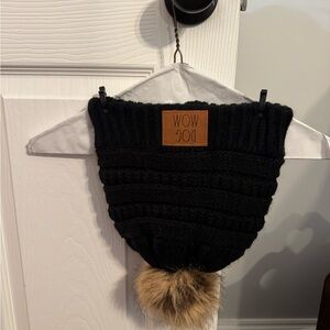 Rae Dunn Black Knit Beanie with Tan Faux Leather Patch